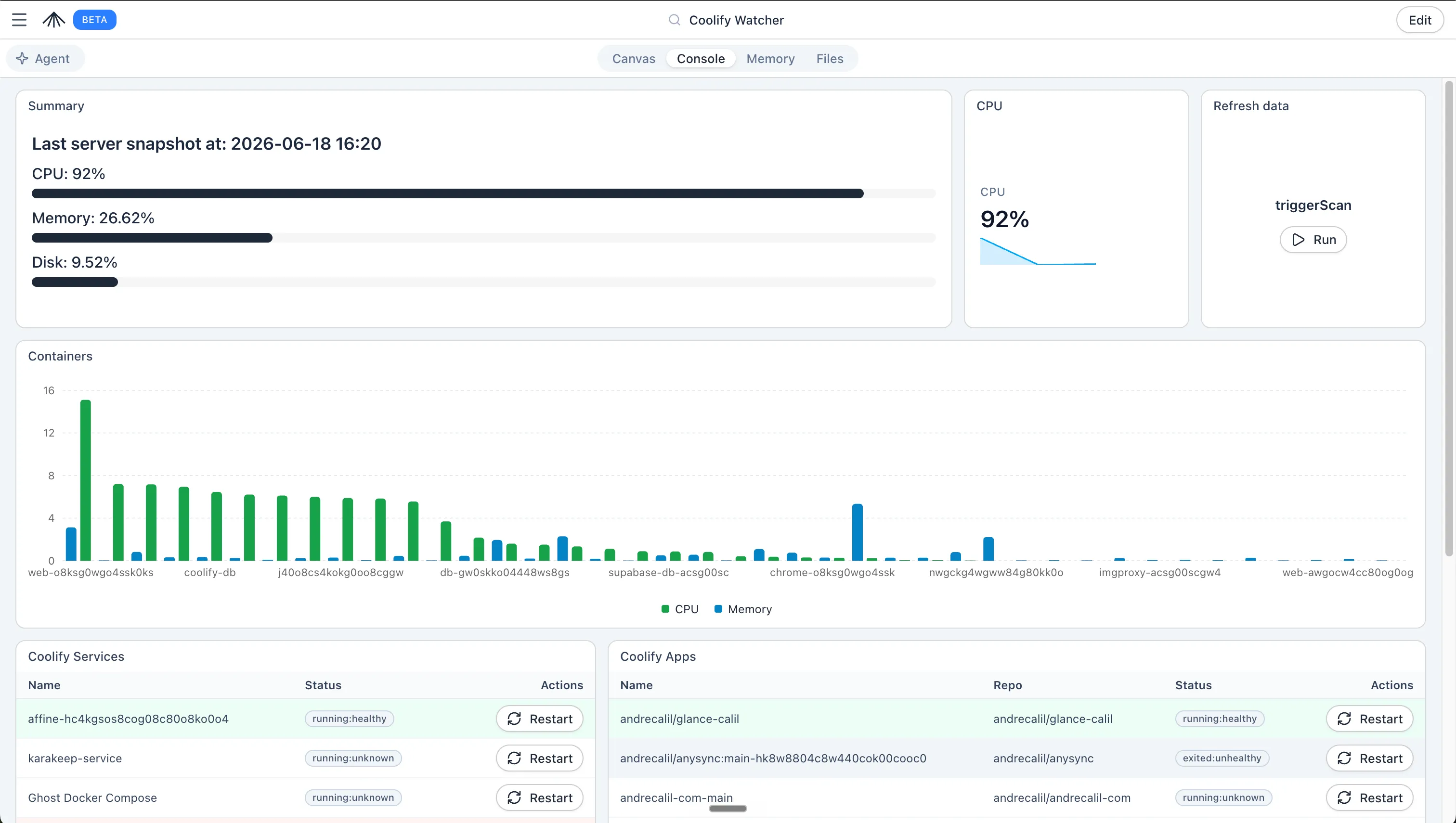 Coolify Watcher canvas showing SSH health check, memory storage, and container restart flow