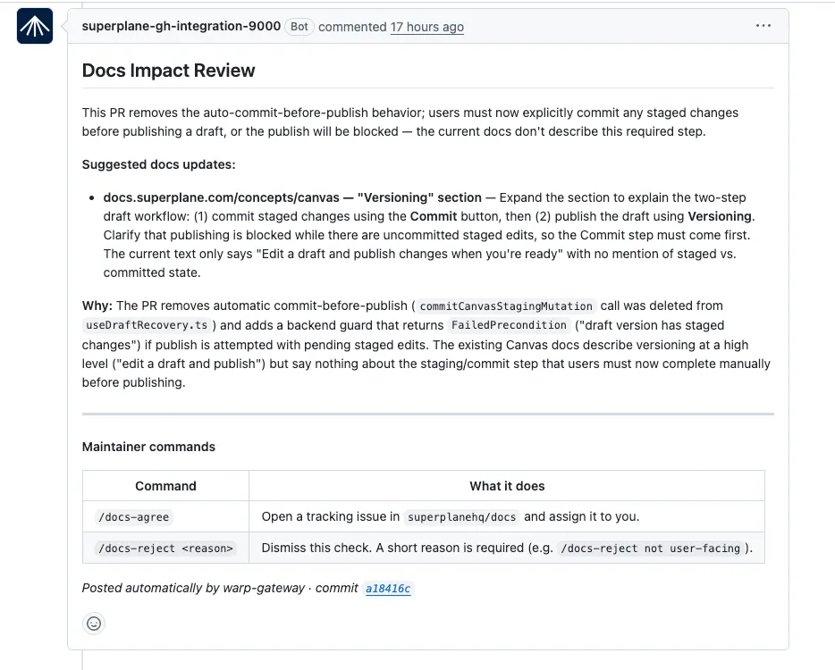 PR Docs Review canvas showing Claude AI analysis, verdict branching, and approval workflow